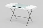 Bureau Cosimo verre et laqué blanc mat, piètement chromé, vue de trois quarts sur fond clair