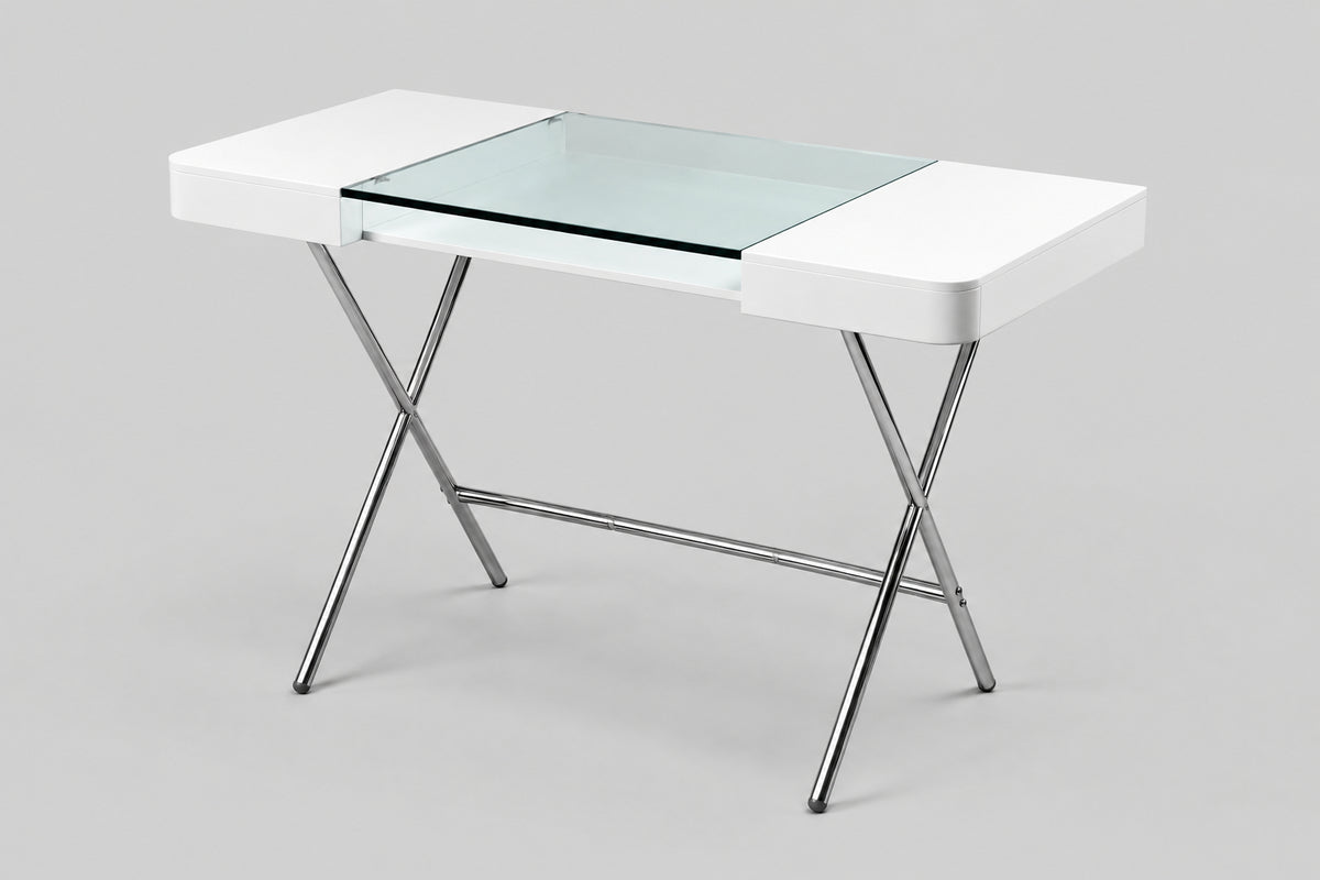 Bureau Cosimo verre et laqué blanc mat, piètement chromé, vue de trois quarts sur fond clair