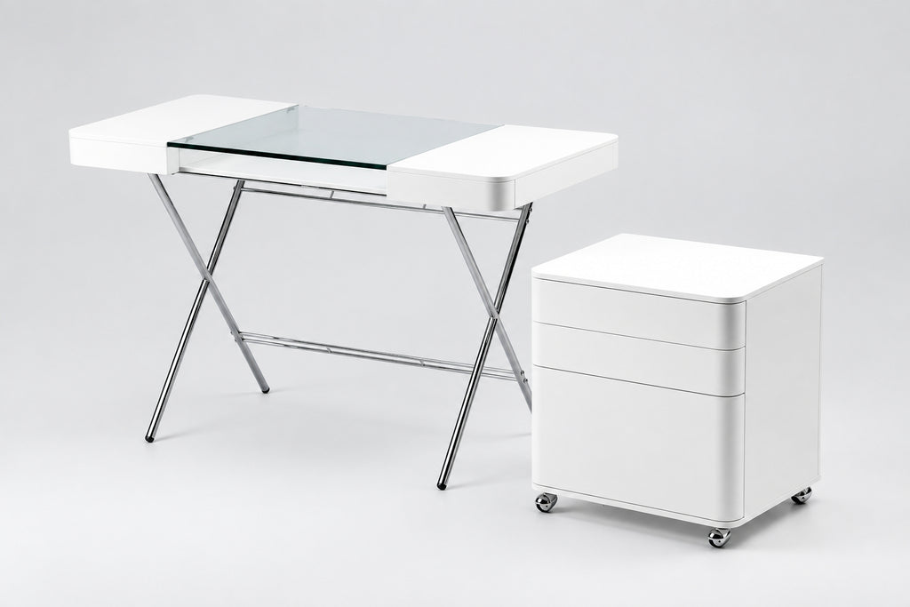 Bureau Cosimo verre et laqué blanc mat avec le caisson Cosimo blanc