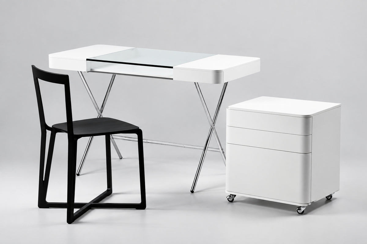 Bureau Cosimo verre et laqué blanc mat, caisson Cosimo et chaise HEAD