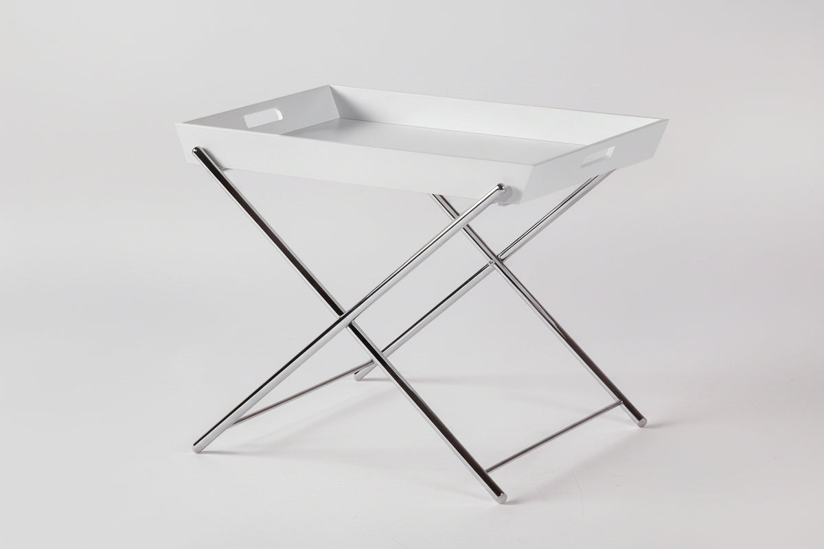 Table guéridon Miami laqué blanc mat et métal chromé — Design Marco Zanuso Jr, Adentro Paris