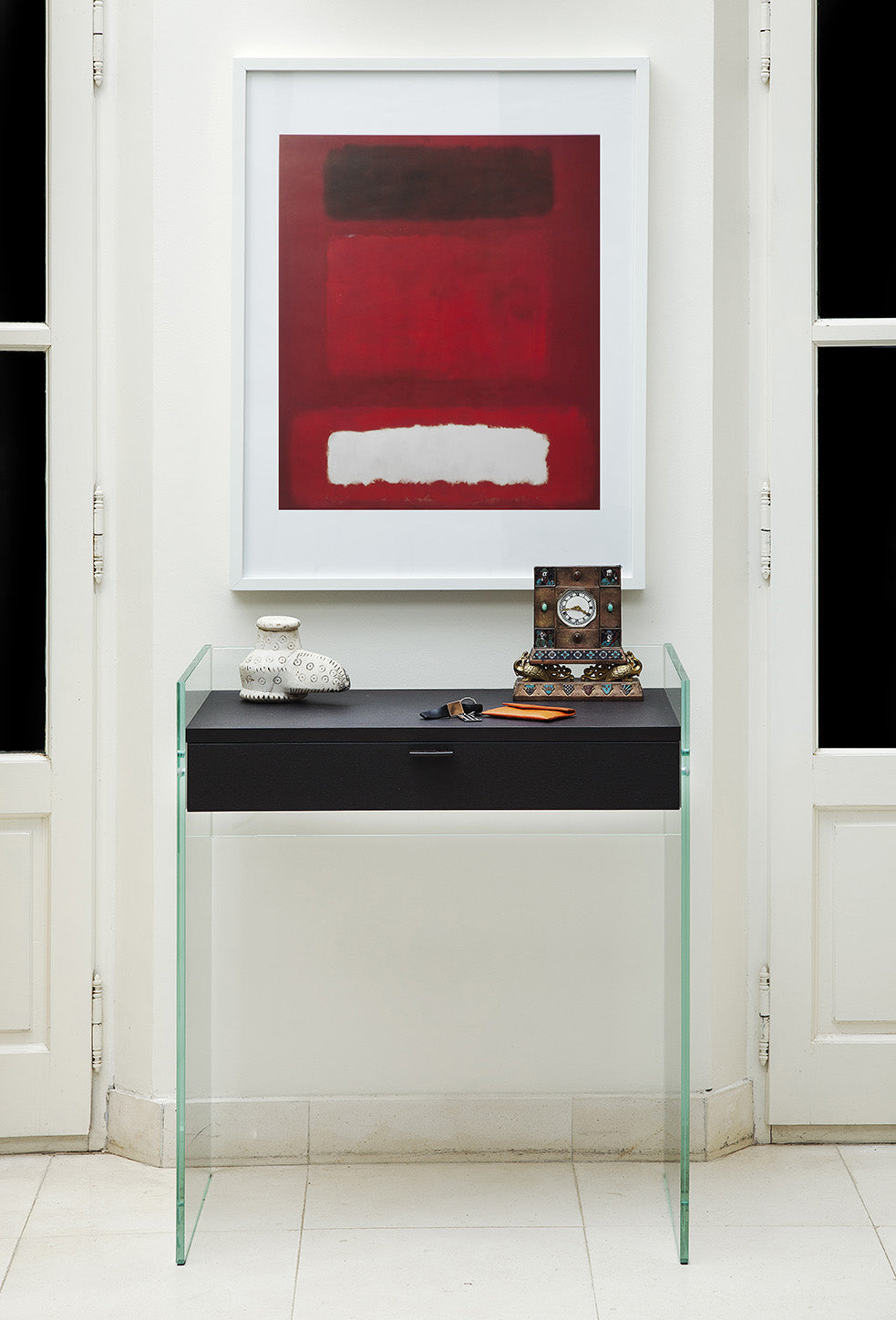 Zen 13 Console Desk | Tempered Glass, Wooden Drawer and Leather Handle