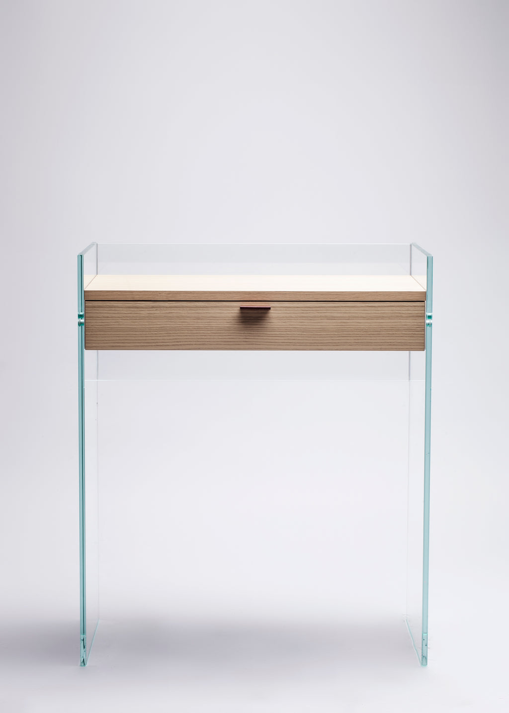 Zen 13 Console Desk | Tempered Glass, Wooden Drawer and Leather Handle