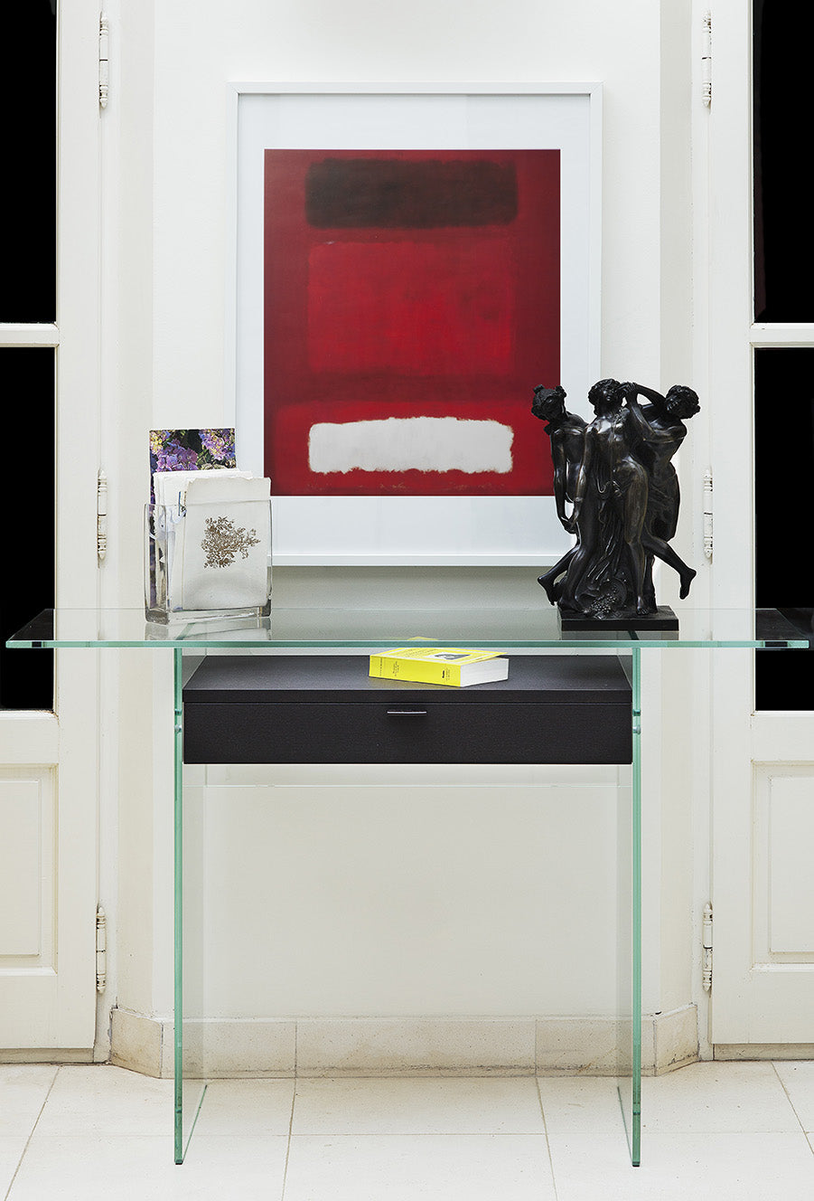 Zen 13 Console Desk | Tempered Glass, Wooden Drawer and Leather Handle