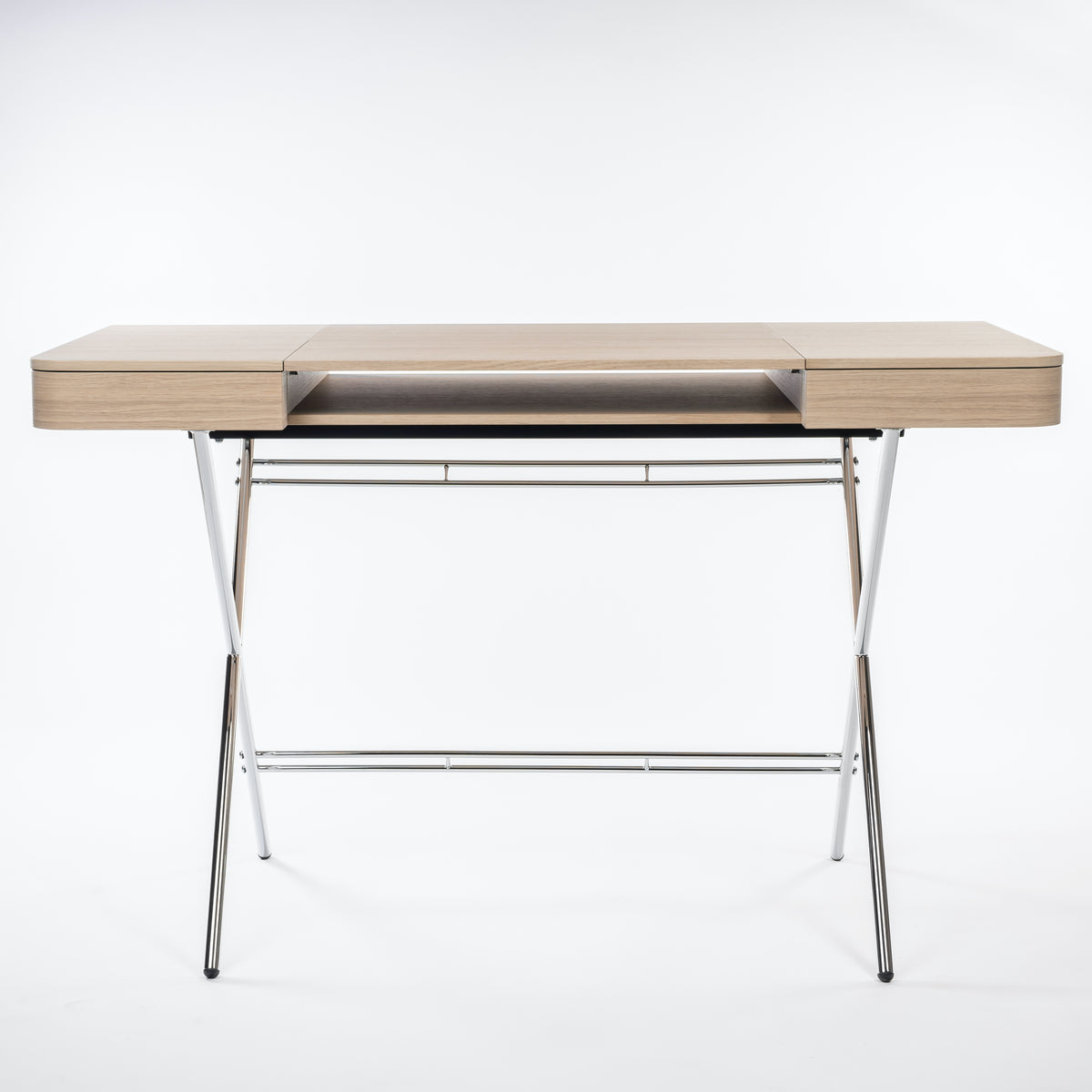 Bureau Cosimo chêne naturel clair, piètement chromé, vue de face