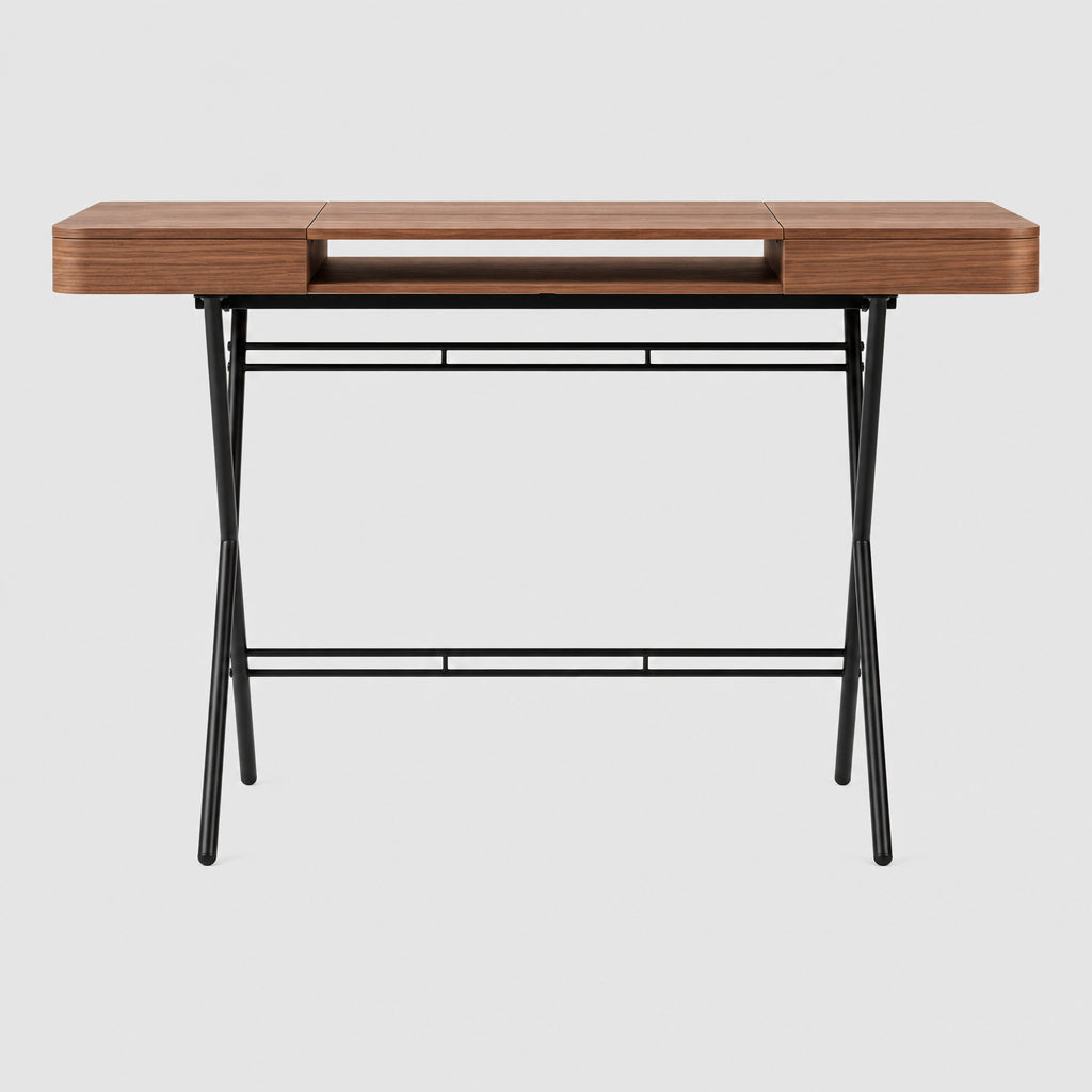 Bureau Cosimo en noyer canaletto, piètement bronze foncé mat, vue de face