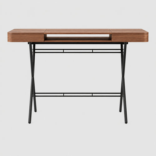 Bureau Cosimo en noyer canaletto, piètement bronze foncé mat, vue de face