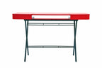 Bureau Cosimo laqué rouge brillant, piètement bronze foncé mat, vue de face