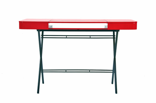 Bureau Cosimo laqué rouge brillant, piètement bronze foncé mat, vue de face