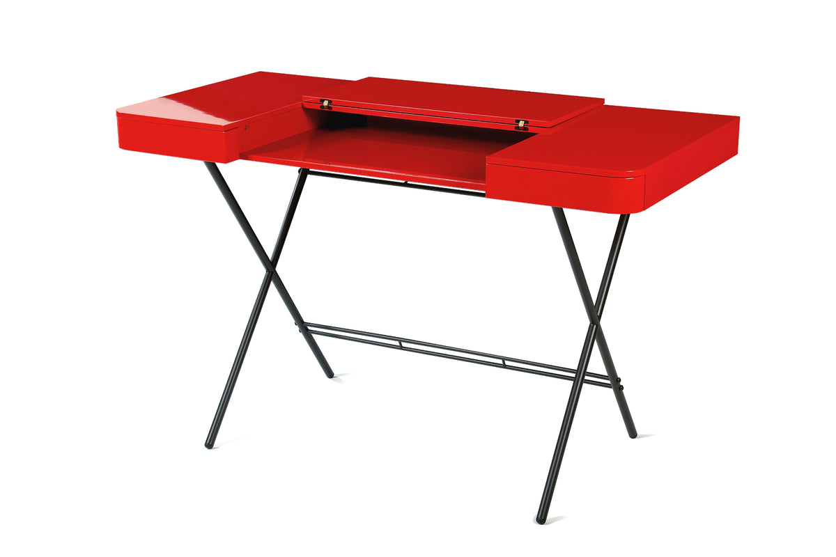 Bureau Cosimo laqué rouge brillant, tablette rabattable ouverte, piètement bronze foncé mat
