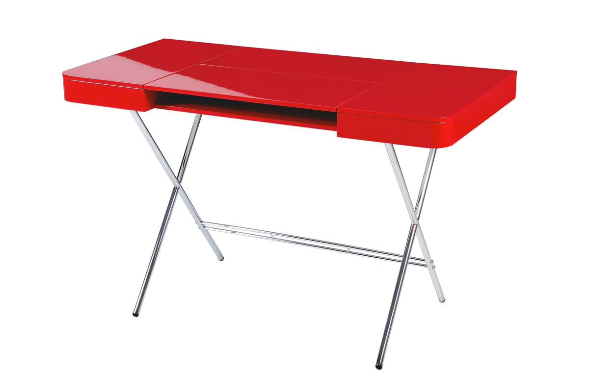 Bureau Cosimo laqué rouge brillant, piètement chromé, vue de trois quarts