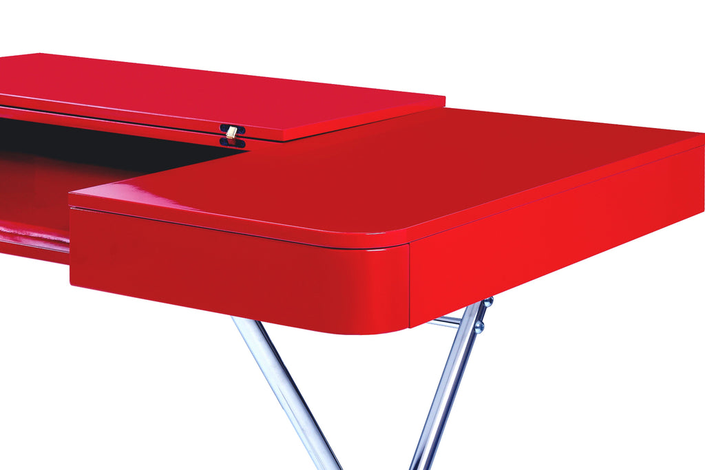 Tablette rabattable ouverte à 180°, bureau Cosimo laqué rouge brillant, piètement chromé