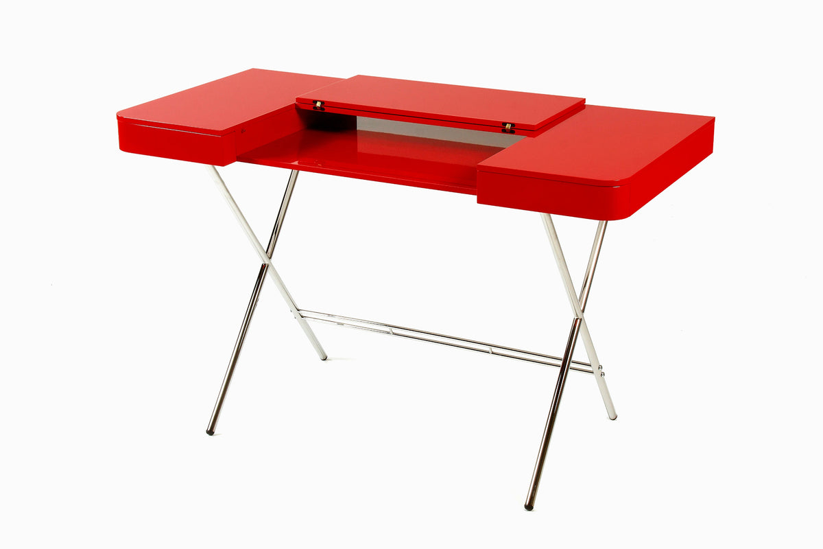 Bureau Cosimo laqué rouge brillant, tablette rabattable ouverte, piètement chromé