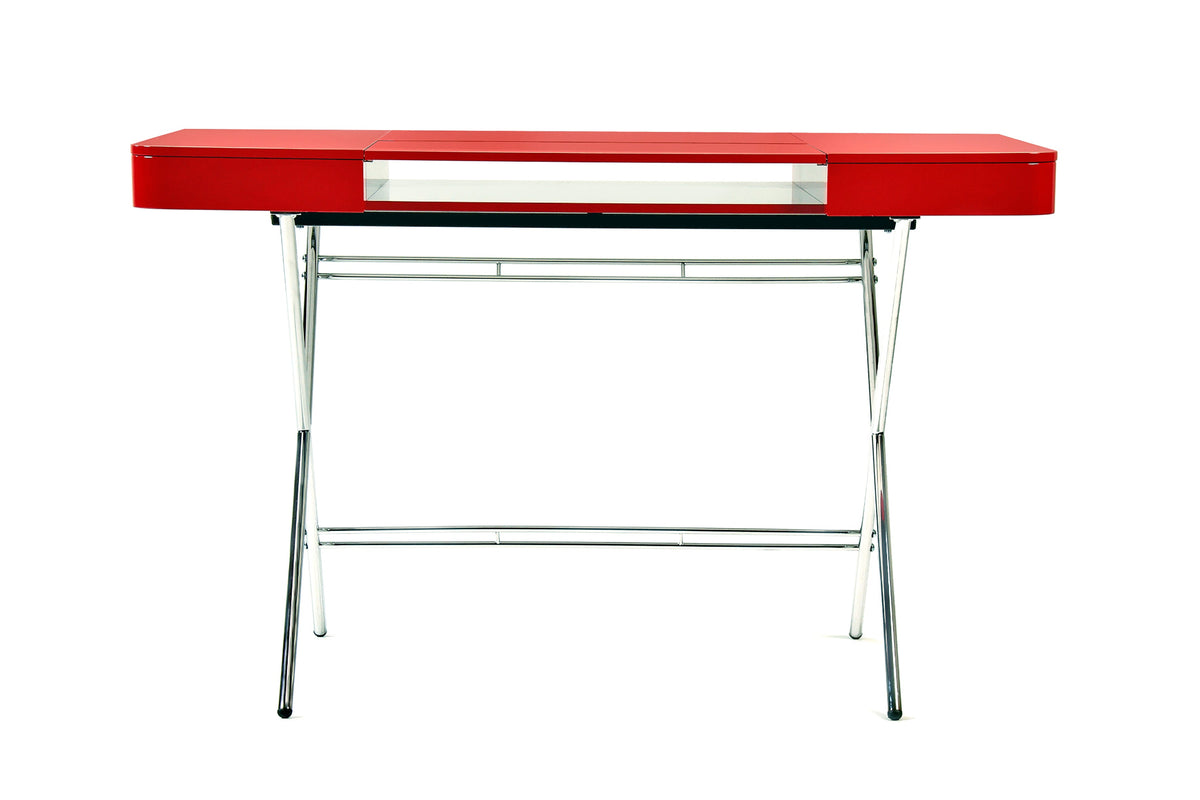 Bureau Cosimo laqué rouge brillant, piètement chromé, vue de face