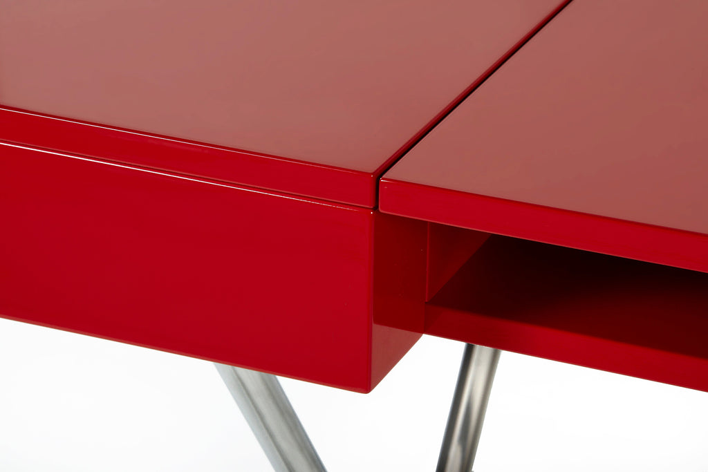 Détail du rangement sous la tablette, bureau Cosimo laqué rouge brillant
