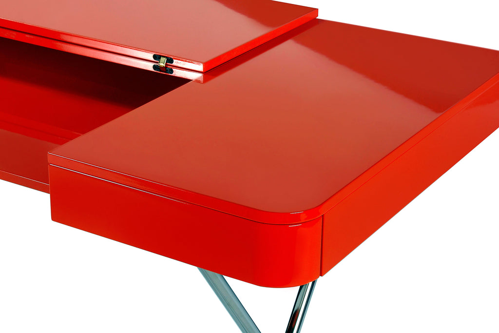 Détail de la tablette rabattable ouverte, bureau Cosimo laqué rouge brillant