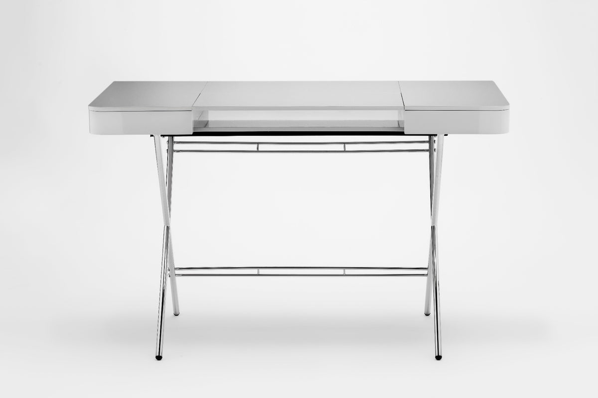 Bureau Cosimo laqué gris brillant, piètement chromé, vue de face