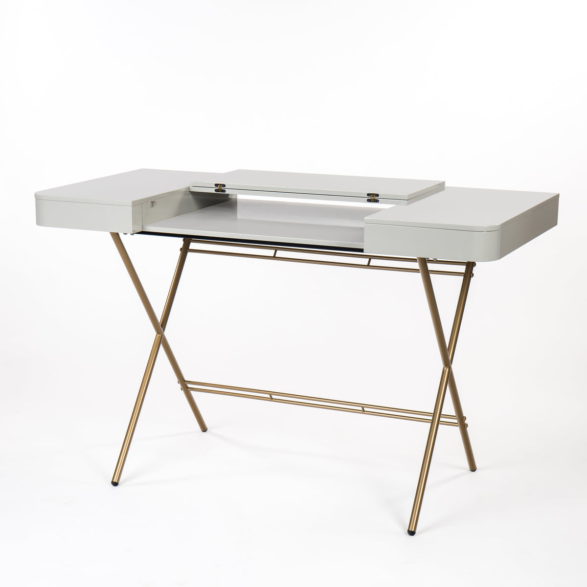 Bureau Cosimo laqué gris brillant, tablette ouverte, piètement doré, vue de trois quarts