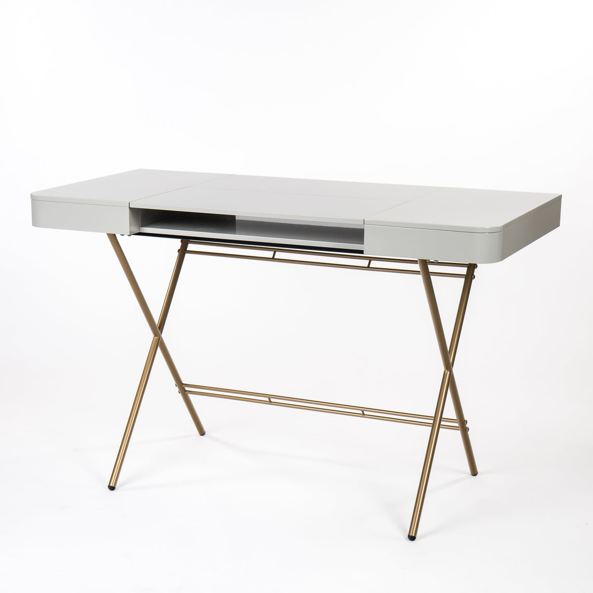 Bureau Cosimo laqué gris brillant, piètement doré, vue de trois quarts