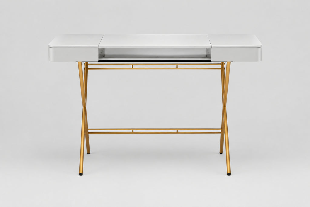Bureau Cosimo laqué gris brillant, piètement doré, vue de face