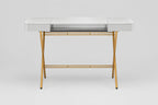 Bureau Cosimo laqué gris brillant, piètement doré, vue de face