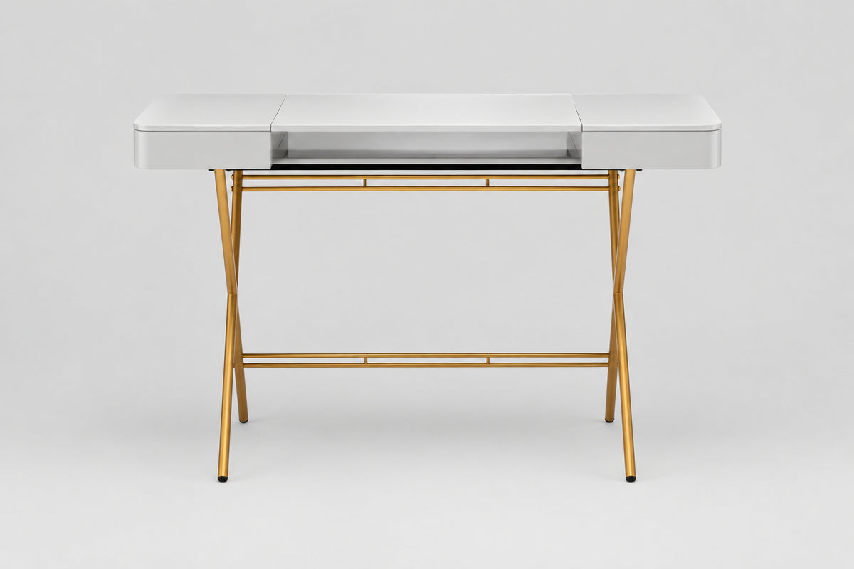 Bureau Cosimo laqué gris brillant, piètement doré, vue de face