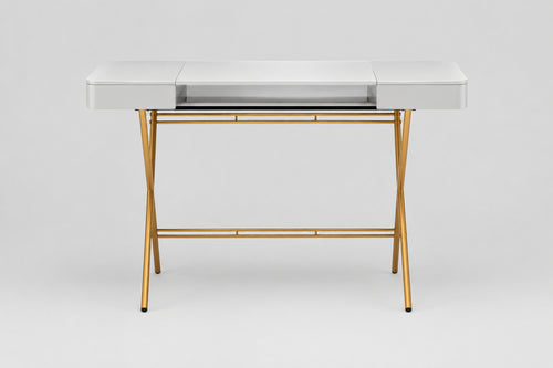 Bureau Cosimo laqué gris brillant, piètement doré, vue de face