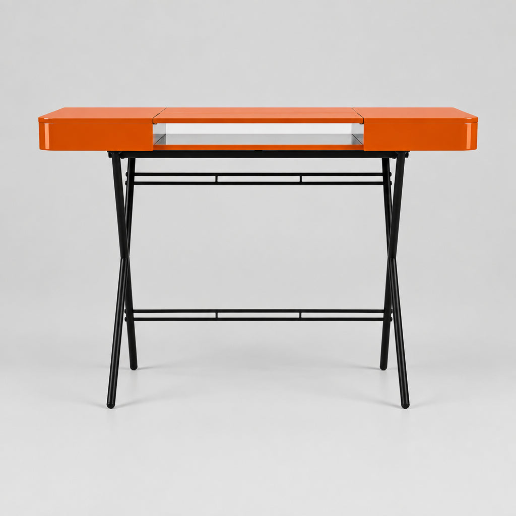 Bureau Cosimo laqué orange brillant, piètement bronze foncé mat, vue de face