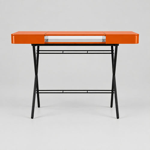 Bureau Cosimo laqué orange brillant, piètement bronze foncé mat, vue de face