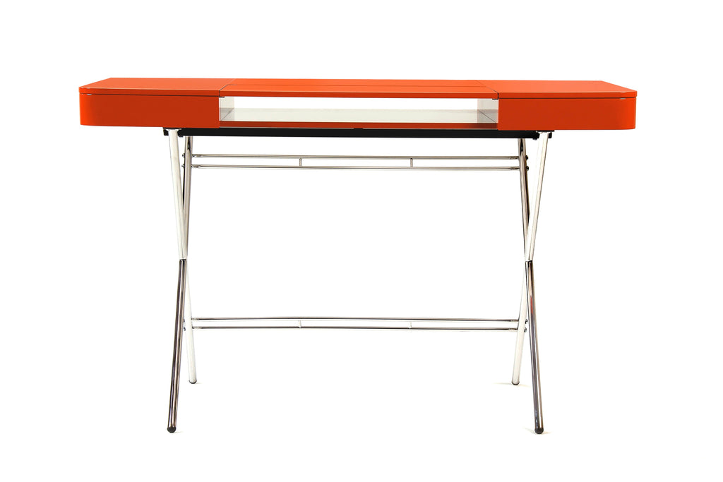Bureau Cosimo laqué orange brillant, piètement chromé, vue de face
