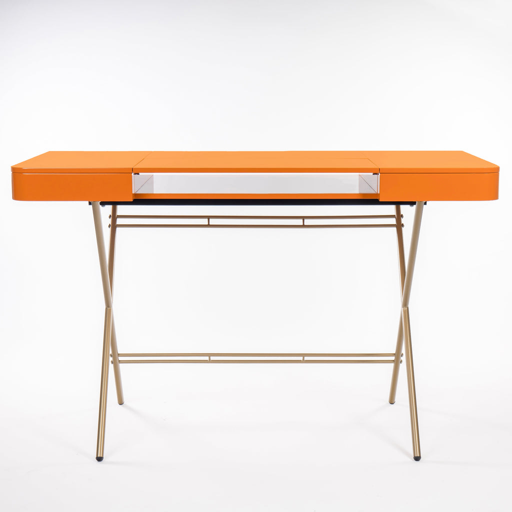 Bureau Cosimo laqué orange brillant, tablette ouverte, piètement doré, vue de face