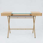 Bureau Cosimo verre et chêne clair naturel, piètement laqué doré, vue de face