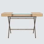 Bureau Cosimo verre et chêne clair naturel, piètement laqué bronze foncé mat, vue de face
