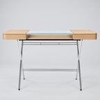 Bureau Cosimo verre et chêne clair naturel, piètement chromé, vue de face