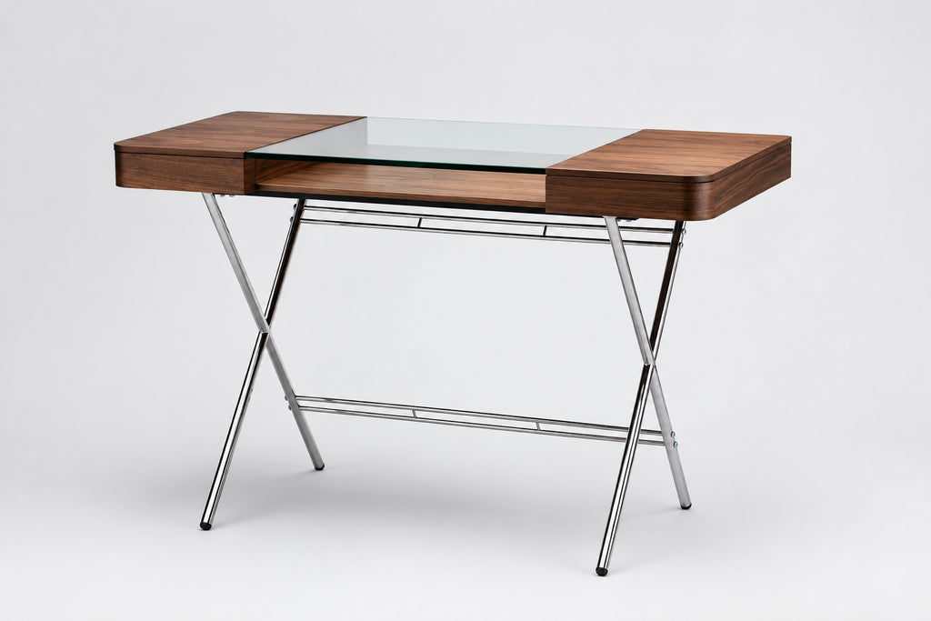Bureau Cosimo verre et noyer canaletto, piètement chromé, vue de trois quarts