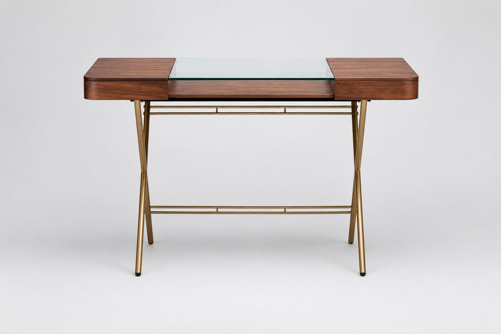 Bureau Cosimo verre et noyer canaletto, piètement laqué doré, vue de face
