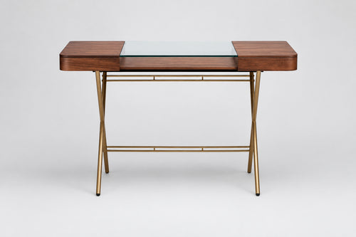 Bureau Cosimo verre et noyer canaletto, piètement laqué doré, vue de face