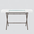 Bureau Cosimo verre et laqué blanc mat, piètement laqué bronze foncé mat, vue de face