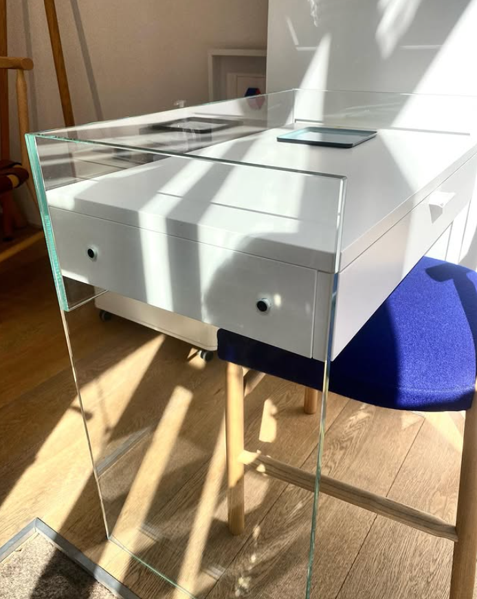 Zen 13 Console Desk | Tempered Glass, Wooden Drawer and Leather Handle